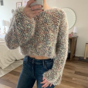 Cropped multi colored fuzzy sweater